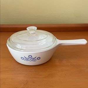 Glass Lid White Saucepan with Blue Floral Design